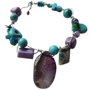 Hand-Crafted Wire Wrapped Purple & Turquoise Gemstone Bangle Cross Bracelet